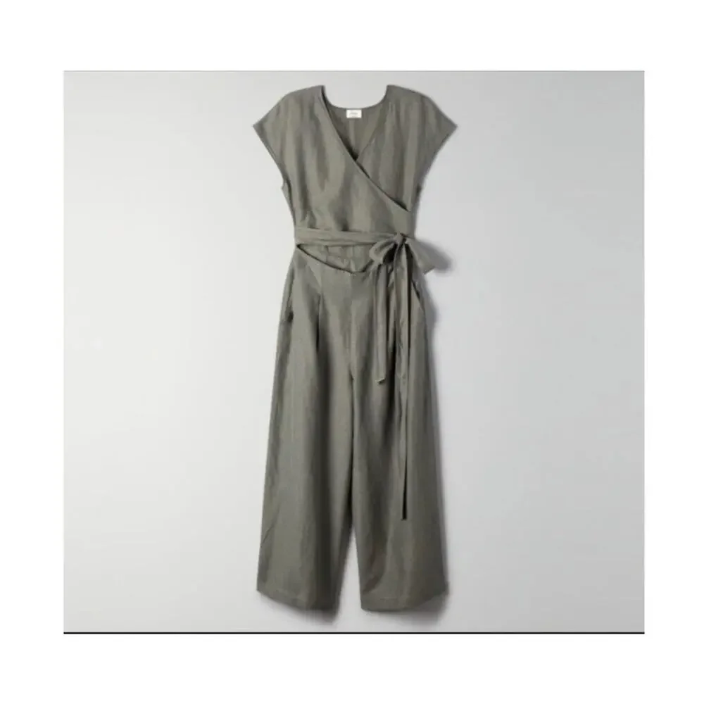 Aritzia Wilfred linen blend brax wrap wide leg jumpsuit olive green size 2